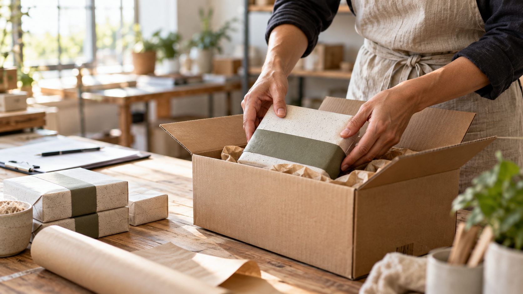 A maker packs finished products in a small workshop for shipment